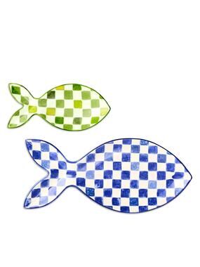 NEW MacKenzie-Childs Go Fish Serving Platters Set of 2 Blue and Green Check